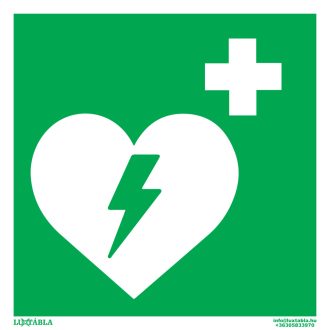 Defibrillátor jelölő matrica , piktogram, ISO 7010