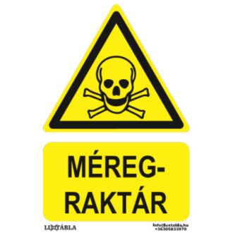 Méregraktár jelölő tábla, piktogram + felirat, ISO 7010