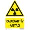 Radioaktív anyag jelölő tábla, piktogram + felirat, ISO 7010