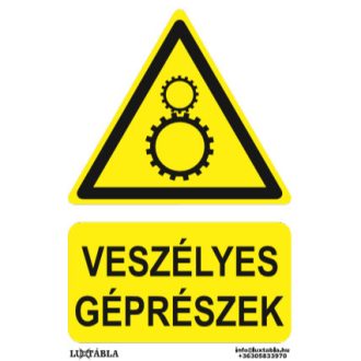   Veszélyes géprészek jelölő matrica, piktogram + felirat, ISO 7010