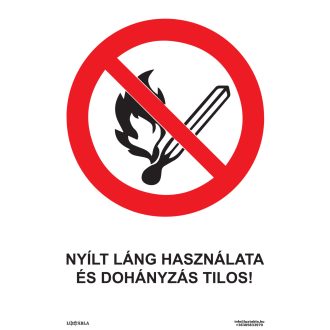   Nyílt láng használata és dohányzás tilos! matrica, piktogram + felirat, ISO 7010