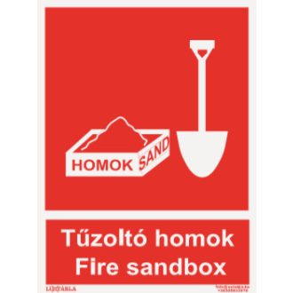   Tűzoltó homok jelölő tábla, piktogram + felirat, ISO 7010